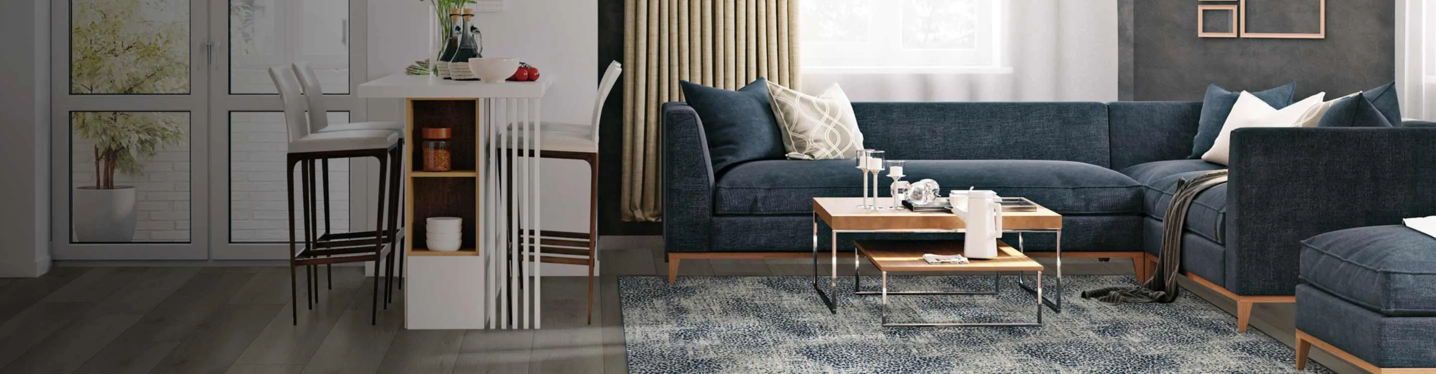 Living room, blue couch, blue area rug